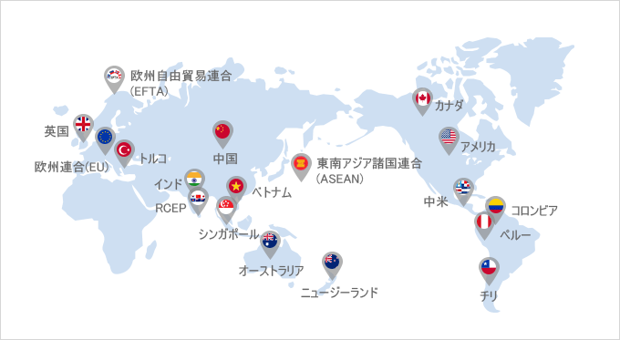 全世界GDP 77％ - EU 1,084, インド 205, トルコ 65, 中国 2,434, シンガポール 193,オーストラリア 284, ASEAN 1,512, ベトナムの 691, インドネシア 164, ニュージーランド 27, カナダ 112, 米国 1,351, コロンビアの 19, ペルー 31, チリの 52